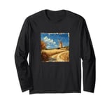 Wheat Fields With Windmills Landscape Vintage Graphic Long Sleeve T-Shirt