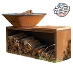 PACK PRINTEMPS Braséro plancha avec meuble range bois Traditionnel DOUBLE CUVE en corten 100x90 Barbecue d'extérieur Grill'Chic