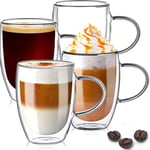 TKNO Double Walled Glass Mugs, Coffee Cups with Handle, Set of 4 Pack Hollow Vacuum Sealed Cappuccino Latte Macchiato Glasses, Hand Made, Heat Resistant, Microwave Safe, 350ml Cup