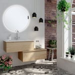 Meuble de salle de bain simple vasque - 2 tiroirs - bambou (chêne clair) - pena et miroir rond Led solen - 120cm