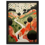 Walk on the Countryside Hill Path Folk Art Oil Painting Red Orange Green Abstract Landscape Artwork Framed Wall Art Print A4