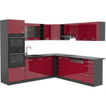 Vicco - Cuisine en angle R-Line, Bordeaux haute brillance/anthracite, 237 x 60 cm sans plan de travail