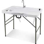 Table de Camping Pliante avec 2 Éviers Robinet Rotatif à 360° pour Nettoyage de Poisson en Acier&HDPE Charge 150KG Blanc - Costway