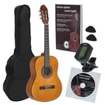 JUAN MIGUEL NAVARREZ Classical Guitar 3/4 starter set miel (sac, tuner, picks, livre avec CD)