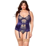 Seven 'til Midnight Two Piece Satin & Eyelash Bustier og G-streng Sett Plus Size - Mørke blå - 3XL/4XL