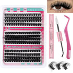 LYMYBETY Fluffy Individual Eyelashes Kit 216Pcs D Curl Cluster Lashes 12-18mm DIY Lash Extension kit Russian Individual Eyelashes with Lash Bond and Seal,Tweezers for Beginners(70+80+90 KIT, 12-18mm)