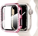 Miimall Bling Case Compatible for Apple Watch Series 8/7 45mm, PC Case with Tempered Glass Screen Protector&Crystal Diamonds, Ultra-Thin Full Protective Woman Bumper Cover for iWatch 8 45mm-Pink