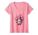 Womens Pink Valentines Candy For Girls Unique Valentines Day Gnome V-Neck T-Shirt