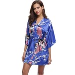 Robe De Chambre Satin Femme,Vêtements De Nuit Sexy Soie Soyeux Rétro Paon Imprimé Babydoll Robe Mariée Robe Courte Peignoir Kimono Vêtements De Nuit Pour Les Cadeaux De La Saint-Valentin,Bleu,Xx