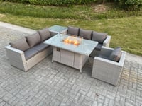 Light Grey Corner Rattan FirePit Garden Furniture Set Gas Heater Burner Lounge Sofa With Side Coffee Table