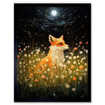 Watching the Fireflies Dance Happy Fox over a Wildflower Meadow Oil Painting Orange White Blue Full Moon Spring Night Dreamy Landscape Art Print Frame