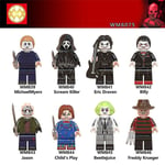 8-pack/set Heta Skräckfilmskaraktärer Mini Figurer Billy Freddy Jason Byggklossar Minifigurer Leksaker Barn Halloween Kreativa Gåvor Presenter[HK]