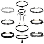 Colliers Ras du Cou,10 Paquets Chokers de Colliers Extensibles Tatouage Tour de Cou pour Femmes Filles Adolescentes Velours Vintage Noir 28+7CM