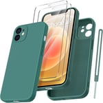 Coque Protection Caméra Pour Iphone 12 Avec 2 Pièces Verre Trempé, Housse De Protection Silicone Antichoc Doublure Microfibre Douce Ultra Fine Coque Iphone 12 6.1"" - Vert Nuit