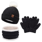 Enfants Bébés Hiver Bonnet Gants Tactiles Écharpe Ensemble Bonnet Pompon Moufles Cache-Cou avec Doublure Polaire pour 5-8 Ans Fille Garçon