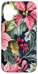 Coque pour iPhone 16 Poinsettias rouge vif avec houx et feuilles vert foncé