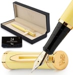 Ensemble Stylo Plume Moyenne En Or 18 Carats Avec 24 Cartouches D'Encre,Convertisseur À Piston Et Boîte Cadeau-Or-Calligraphie Jaune