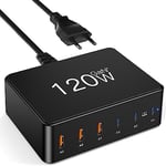 USB C Charger - 120W GaN 6 Ports USB Charging Station for Multiple Devices, USB Fast Wall Charger with 3 Type-C and 3 USB A, Multiport Power Adapter for iPad iPhone, Samsung Android Phones, MacBook