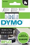 Dymo D1 etikettape, 9 mm, blå på vit