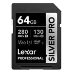 Lexar SILVER PRO Carte SD 64Go, carte mémoire SD UHS-II, V60, U3, C10, Jusqu'à 280Mo/s en lecture, 130Mo/s en écriture, carte SDXC pour DSLR/caméra/photographe/vidéaste/passionné (LSDSIPR064G-BNNAA)