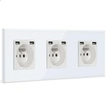 BSEED Triple Prise Murale avec 2 Ports USB,16A Prise de Courant Alternatif avec Panneau en Verre,Multiprise Murale Max 2.1A,Convient au Smartphone, à la Tablette (3 Prise avec 2 Ports USB,Blanc)