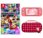 Nintendo Switch Lite (Coral), Mario Kart 8 Deluxe & Protection Case (Pikachu Plaid) Bundle, Pink