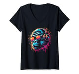 Womens Monkey DJ Disco Music Lover Headphones Gorilla Chimpanzee V-Neck T-Shirt