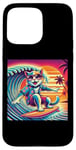 Coque pour iPhone 15 Pro Max Chat amusant surfeur hawaïen coucher de soleil tropical paradis surfeur