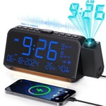 LED Projection Alarm Clock, FM Radio Clock with Projector, Digital Clock with Dual Alarm and Adjustable Night Light, Temperature and Humidity Display, 5-Level Dimmer Clock with Type C Charging Port