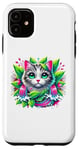 iPhone 11 Beloved Cat with Green Leaves Cat Lovers Pink Waterfalls Case