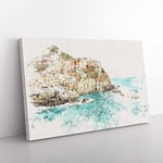 Big Box Art Manorolo Cinque Terre in Italy Watercolour Canvas Wall Art Print Ready to Hang Picture, 76 x 50 cm (30 x 20 Inch), White, Olive, Green, Olive, Green, Gold, Olive, Green