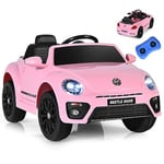 GOPLUS 12V Voiture Electrique Enfants Coccinelle avec Télécommande 2,4G, Véhicule Électrique Enfant 1 Place 3-8 Ans Beatles avec LED/USB, 3-5 KM/H (Rose)