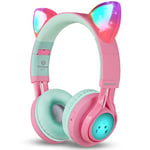 Riwbox Bluetooth Headphones, CT-7 Cat Ear LED Light Up Wireless Foldable Headphones Over Ear with Microphone and Volume Control for iPhone/iPad/Smartphones/Laptop/PC/TV (Pink&Green)