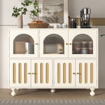 Okwish - Buffet de salle à manger moderne blanc, longue porte en verre au design arc-en-ciel, porte en forme de clé de piano, pieds en colonne ronde,