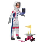 Barbie Métiers 65ème Anniversaire Astronaute Coffret Contenant Une poupée Brune et 10 Accessoires Dont Un véhicule d’Exploration Spatiale Roulant et Un Casque à visière Rabattable, HRG45