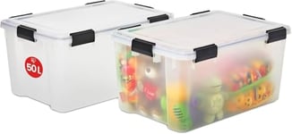 Iris Ohyama, Boite Rangement Hermétique, 50L, Lot de 2, Transparent, Couvercle avec Joint Etanche, 6 Clips de Fermeture, Empilable, pour Exterieur, Garage, Vetement, Anti Poussiere, Sans BPA, AT-L