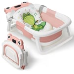 DEANIC Baby Bath Tub for 0-6-12 Months Newborn, Foldable Toddler Bath with Soft Cushion Pad, Portable Baby Bathtub Travel Save Space (Pink)