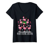 Womens Merry Flocking Chirstmas Shirt,Santa Hat Flamingo Christmas V-Neck T-Shirt