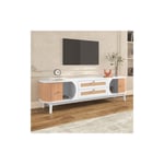 Meuble tv 170cm en bois massif et rotin - 2 tiroirs et 2 portes - style campagnard - naturel
