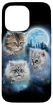 Coque pour iPhone 14 Pro Max Trois chats mignons engloutis dans les nuages de galaxie sous la lune glacée