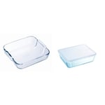 Pyrex Glass Square Roaster, 25 x 21cm & Rectangular Dish with Plastic Lid, 0.8L