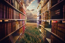 Composite image of close up of a bookshelf 3d