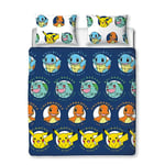 Character World Pokémon Parure de lit Double Officielle Gotta Design | Bleu réversible Pikachu Squirtle Charmander Housse de Couette 2 côtés Produit Officiel avec taies d'oreiller Assorties