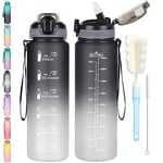 CodiCile 1L Water Bottle with Straw,Water Bottle Dishwasher Safe,Leak-proof Sports Drinks Bottle with Time Maker & Bottle Brush,Non-Toxic for Running,cycling, Gym, School & Office,black grey