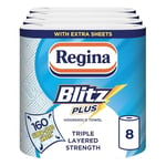 Regina Blitz Plus Household Towel – 8 Rolls per Pack, 80 Sheets Per Roll, 3 Ply, Triple Layered Strength, Household Paper Towels Made with Virgin Pulp, Paper Packaging, FSC Certified