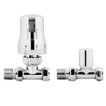 iBathUK Eco Thermostatic Radiator Valve (TRV) and Lockshield Valve,Solid Brass,Straight Round Radiator Valve Pair, Central Heating, Tower Rail Valve- Chrome