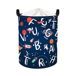 Clastyle 45L Alphabet Space Blue Kids Laundry Basket Waterproof Clothes Baby Washing Basket with Lids Planet Rocket Children Book Toy Storage Basket, 14.2x17.7 in