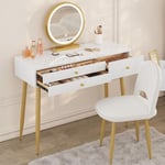 Coiffeuse avec Miroir led Réglable et Chaise en Velours, Table de Maquillage avec 3 Tiroirs, Crème+Or Woltu