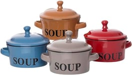 Ritzenhoff & Breker Regina Lot de 4 bols à soupe, avec couvercle et anse, 360 ml, couleurs assorties, gris, marron, bleu, et rouge