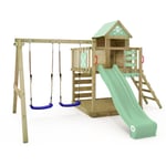 Wickey - Aire de jeux Portique bois Smart Cave avec balançoire et toboggan Cabane enfant exterieur avec bac à sable, échelle d'escalade & accessoires